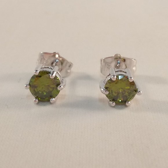 Boucles D'Oreilles 925 Argent Vert Olive Zircone Ovale - Clous Miniature
